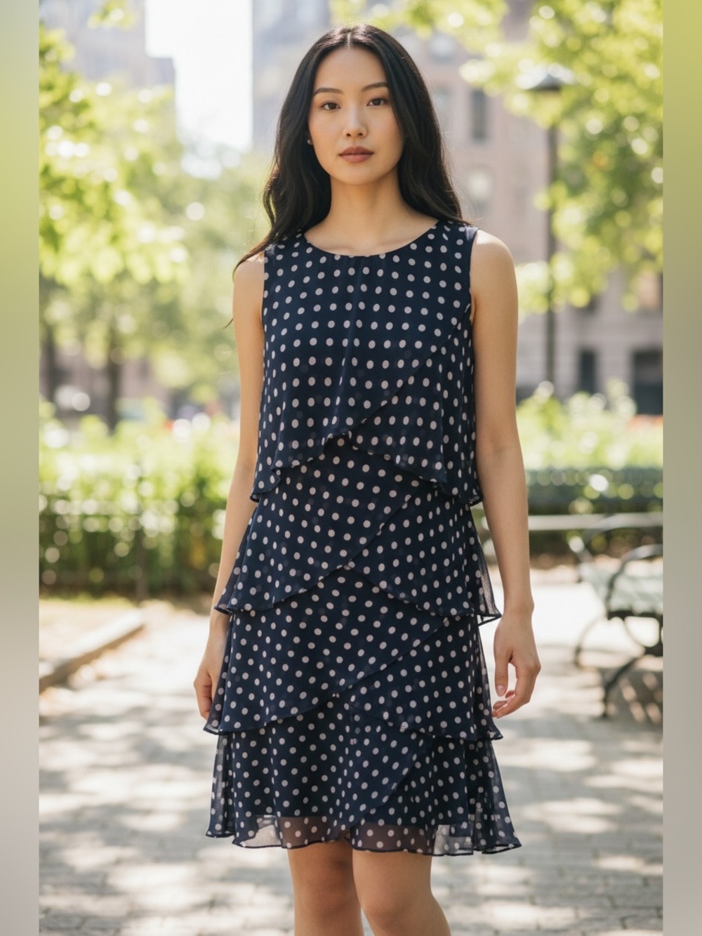 S.L. Fashions Navy Polka Dot Tiered Chiffon Dress Womens Size 12
